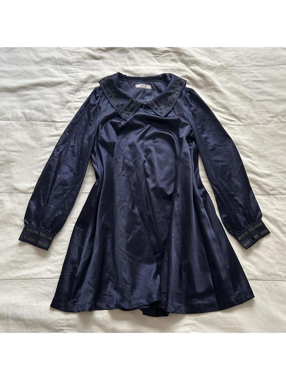 Ank Rouge Navy Blue Satin Sailor Collar Mini Dress Puff Sleeve Size M Japan
